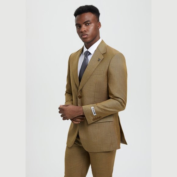 Stacy Adams Sharkskin 3pc Suit w/ Expandable Waistband, Tanned Mustard - Picture 2 of 6